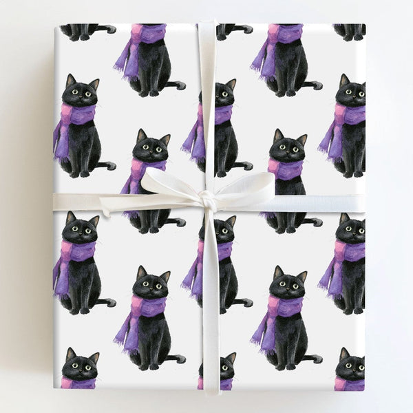 Cat in Purple Scarf Wrapping Paper, Black Cat Christmas Wrapping Paper, Adorable Kitten Holiday Wrapping Paper, Winter Gift W