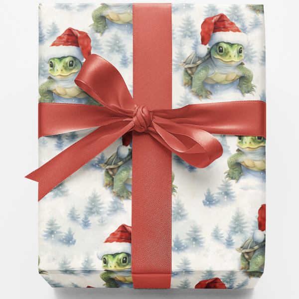 Adorable Turtle Gift Wrap Roll, Santa Hat Turtle Christmas Wrapping Paper, Holiday Present Paper, Animal Lover Xmas Wrapping 