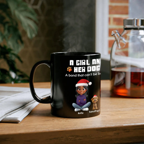 Holiday Pet Ceramic Coffee Mug, Girl and Her Dog Christmas Mug, Glossy Black Dog Lover Mug, Xmas Dog Mom Mug Present, Winter 