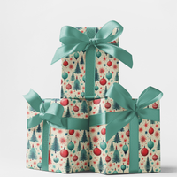 Retro Trees Gift Wrap, Mid-Century Modern Christmas Wrapping Paper, Vintage Red Teal Wrapping Paper, Nostalgic Xmas Gift Wrap