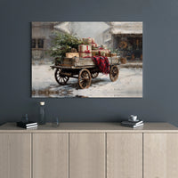 Snowy Christmas Canvas Print, Vintage Christmas Wagon Wall Art, Rustic Winter Digital Download, Farmhouse Holiday Decor, Xmas Tree Art