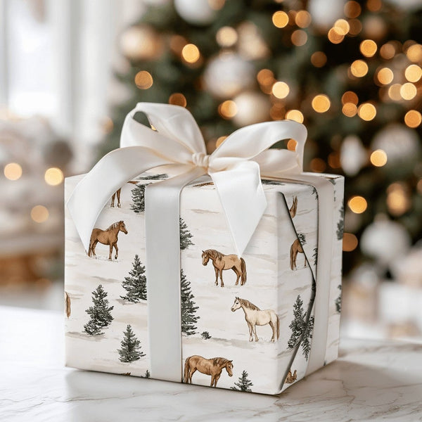 Winter Pine Horse Gift Wrap, Watercolor Horse Wrapping Paper, Holiday Horse Wrapping Paper, Equestrian Christmas Wrapping Pap