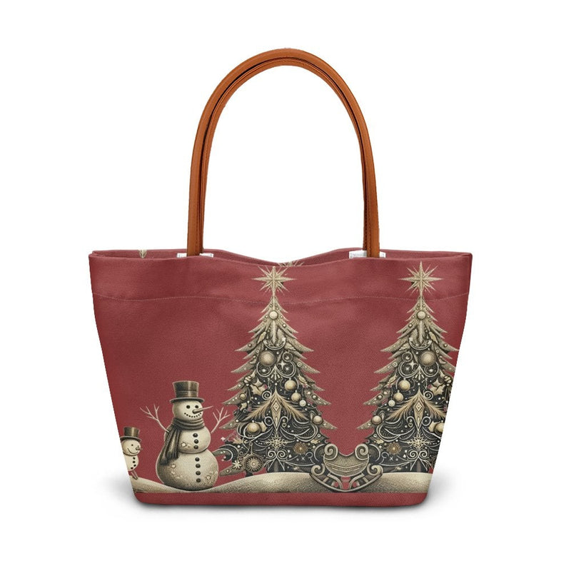 Snowman and Holiday Tree Shoulder Bag, Vintage Christmas Tote Bag, Festive Winter Handbag, Large Commuter Tote Bag, Present for Women