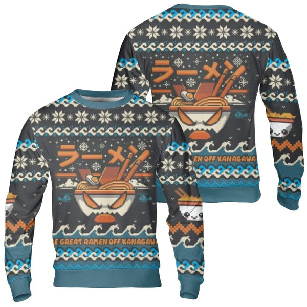 Japanese Food Aesthetic Ugly Christmas Sweater, Ramen Great Wave Pixel Art Sweatshirt, Retro Foodie Holiday Pullover, Asian C