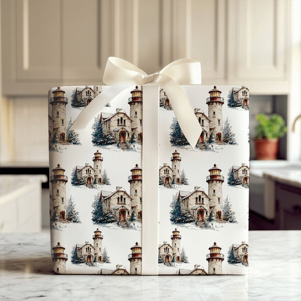 Coastal Winter Gift Wrap, Watercolor Christmas Lighthouse Wrapping Paper, Nautical Holiday Wrapping Paper, Snowy Ocean Theme 