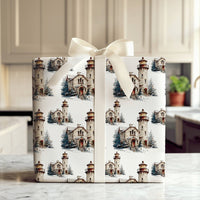 Coastal Winter Gift Wrap, Watercolor Christmas Lighthouse Wrapping Paper, Nautical Holiday Wrapping Paper, Snowy Ocean Theme Gift Wrapping