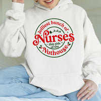 Humorous Holiday Nurse Sweatshirt, Jolliest Bunch of Nurses Christmas Hoodie, Xmas Nursing Pullover Hoodie, RN Medical Staff Hooded Sweatshirt