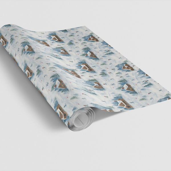 Watercolor Winter Chalet Gift Wrap, Ski Resort Christmas Wrapping Paper, Comfy Mountain Lodge Wrapping Paper Roll, Holiday Gi