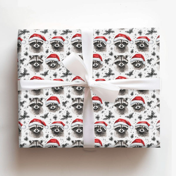 Santa Hat Raccoon Gift Wrap, Christmas Raccoon Wrapping Paper, Woodland Animal Holiday Wrapping Paper, Adorable Watercolor Xm
