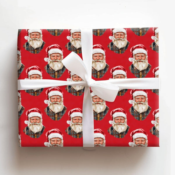 Plaid Flannel Santa Claus Gift Wrap, Lumberjack Santa Wrapping Paper, Rustic Red Christmas Wrapping Paper, Country Holiday Pr