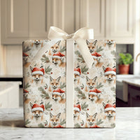 Watercolor Woodland Fox Gift Wrap, Christmas Fox Wrapping Paper, Santa Hat Fox Wrapping Paper, Rustic Winter Animal Holiday Present Wrap