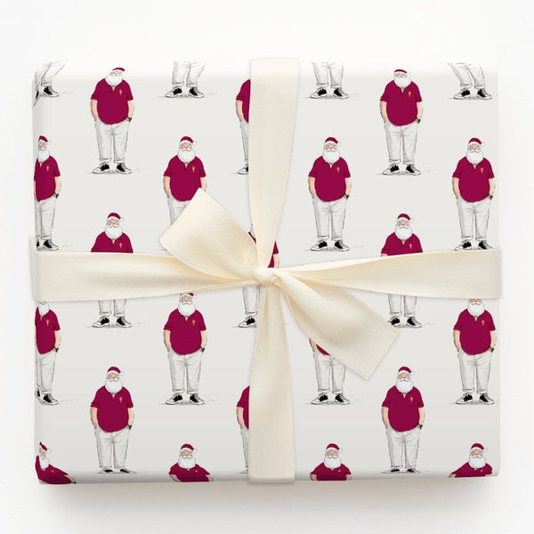 Casual Santa Christmas Gift Wrap, Maroon Polo Santa Wrapping Paper, Modern Santa Claus Holiday Paper, Humorous Xmas Present W