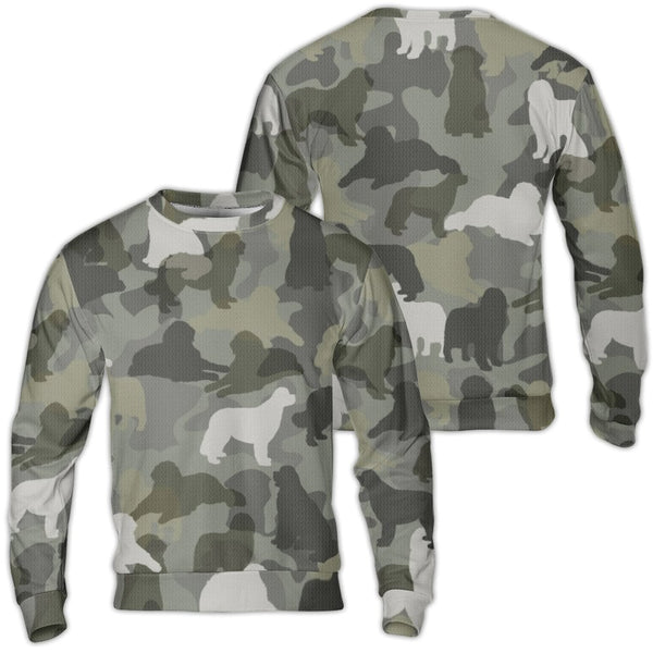 Newfie Breed Fleece Pullover, Newfoundland Dog Camo Ugly Christmas Sweater, Camouflage Hunting Holiday Crewneck Dog Lover Pre