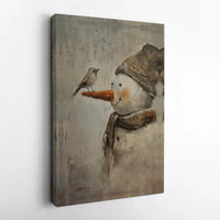 Painterly Winter Bird Carrot Nose Canvas Print, Snowman with Bird Canvas Wall Art, Christmas Holiday Decor, Festive Home Wall Art