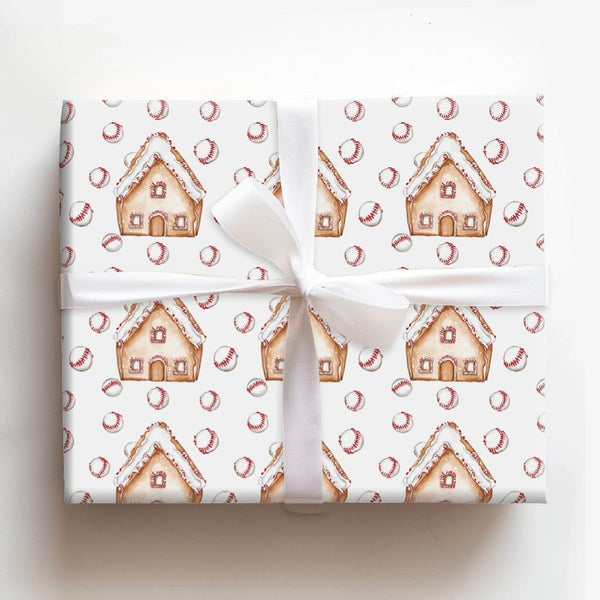 Sports Holiday Gift Wrap, Baseball Gingerbread Christmas Wrapping Paper, Baseball House Wrapping Paper Roll, Xmas Baseball Fa