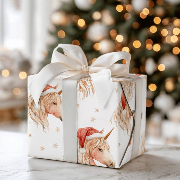 Watercolor Santa Hat Gift Wrap, Christmas Unicorn Wrapping Paper, Magical Fantasy Holiday Present Paper, Kids Xmas Wrapping R