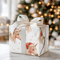 Watercolor Santa Hat Gift Wrap, Christmas Unicorn Wrapping Paper, Magical Fantasy Holiday Present Paper, Kids Xmas Wrapping Roll