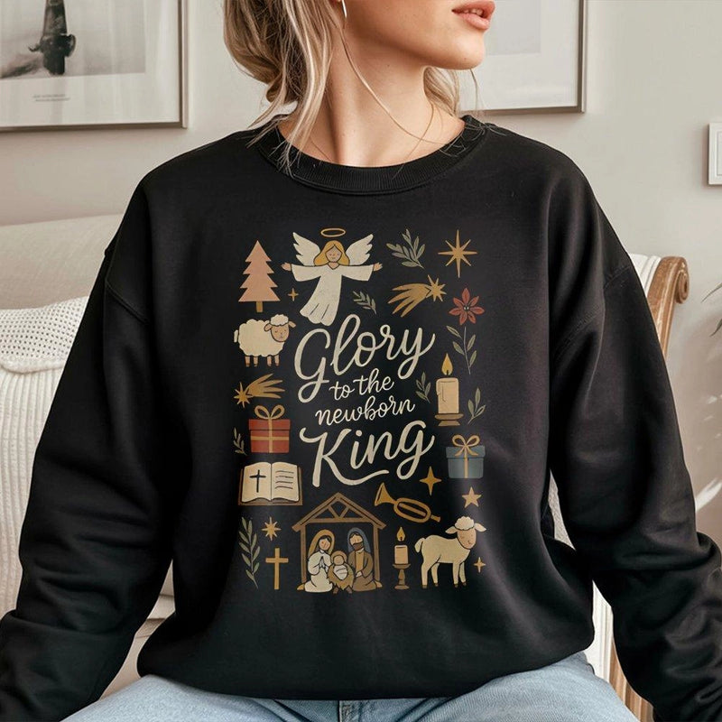 Nativity Scene Doodle Crewneck, Glory to the Newborn King Sweatshirt, Religious Christmas Faith Sweater, Christian Holiday Pullover Present