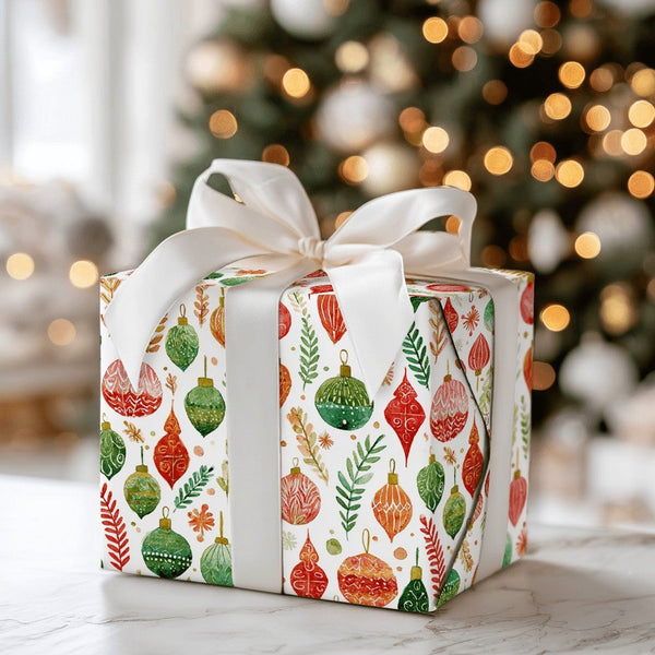 Botanical Greenery Gift Wrap, Watercolor Christmas Ornament Wrapping Paper, Festive Holiday Wrapping Paper, Xmas Baubles Gift
