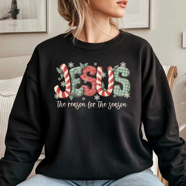 Plaid Candy Cane Christmas Crewneck, Jesus the Reason for the Season Sweatshirt, Christian Holiday Pullover, Religious Xmas S