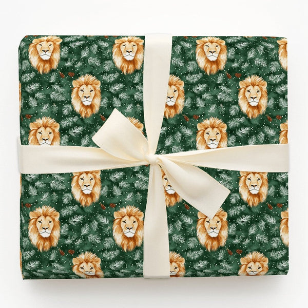 Dark Green Pinecone Holiday Gift Wrap, Watercolor Lion Christmas Wrapping Paper, Wildlife Winter Wrapping Paper, Festive Holi