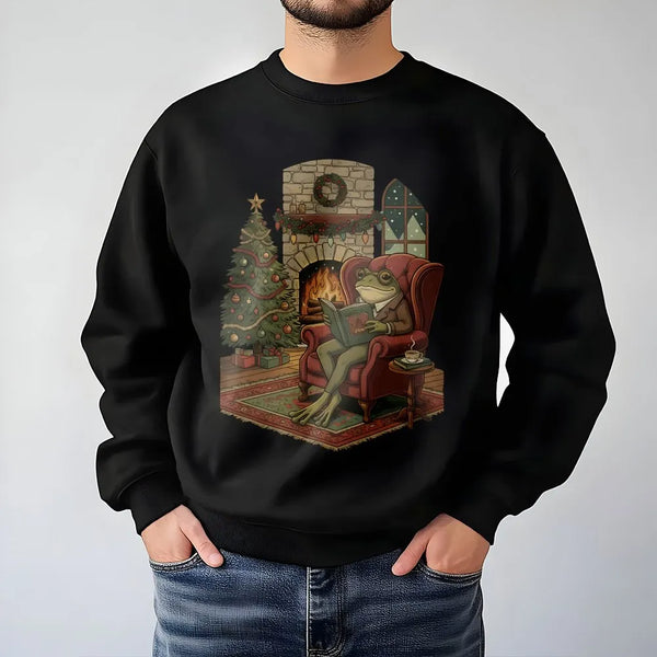 Comfy Cabin Bookish Crewneck, Reading Frog Christmas Sweatshirt, Adorable Frog Book Lover Pullover, Holiday Reader Sweatshirt