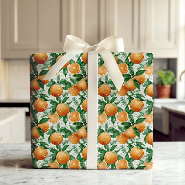 Pine Needle Clementine Gift Wrap, Winter Orange Wrapping Paper, Botanical Citrus Holiday Wrapping Paper, Festive Christmas Wr