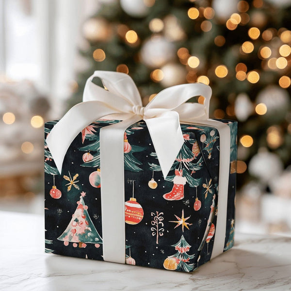 Watercolor Ornament Gift Wrap, Vintage Christmas Trees Wrapping Paper, Navy Blue Holiday Wrapping Paper, Traditional Gift Wra