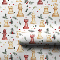 Watercolor Chess Pieces Gift Wrap, Christmas Chess Wrapping Paper, Holiday Pine Holly Wrapping Paper, Board Game Lover Gift Wrapping Paper