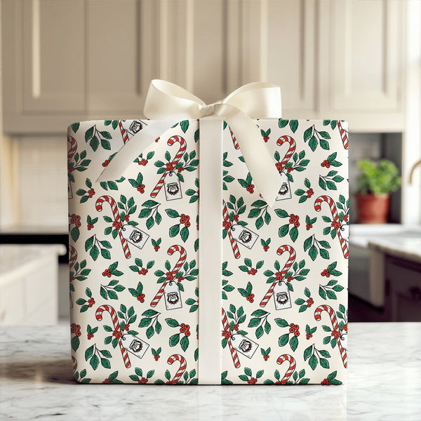 Candy Cane Holly Gift Wrap, Bulldog Mascot Christmas Wrapping Paper, Holiday Sports Fan Paper, Winter Mascot Gift Wrapping Pa