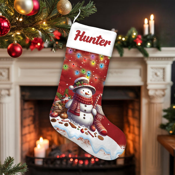 Custom Name Xmas Stocking, Personalized Snowman Christmas Stocking, Festive Holiday Lights Stocking, Winter Fireplace Decor, 