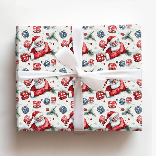 Watercolor Christmas Wrapping Paper Roll, Santa Rolling Dice Wrapping Paper, Tabletop Gamer Gift Wrap, Holiday Board Game Wra