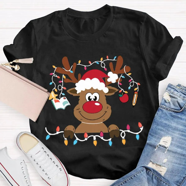Festive Lights Elk Shirt, Christmas Elk T-Shirt, Holiday Reindeer Tee, Adorable Winter Graphic Tee, Xmas Holiday Apparel Pres