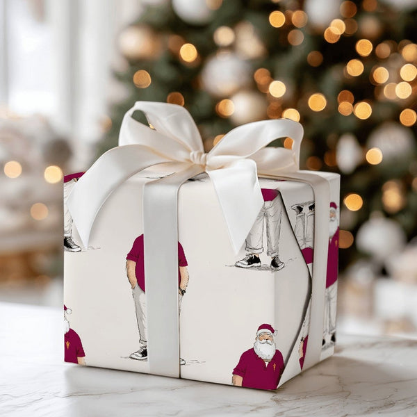 Casual Santa Christmas Gift Wrap, Maroon Polo Santa Wrapping Paper, Modern Santa Claus Holiday Paper, Humorous Xmas Present W