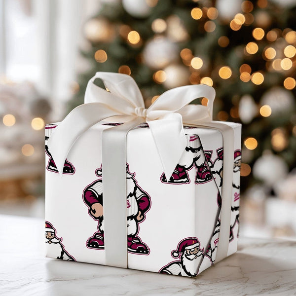 Buff Santa Mascot Gift Wrap, Devils Santa Christmas Wrapping Paper, Sports Fan Holiday Wrapping Paper, Maroon Mascot Gift Wra