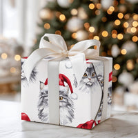 Cat in Santa Hat Gift Wrap, Grey Cat Christmas Wrapping Paper, Watercolor Kitten Holiday Wrapping Paper, Pet Lover Xmas Present Paper