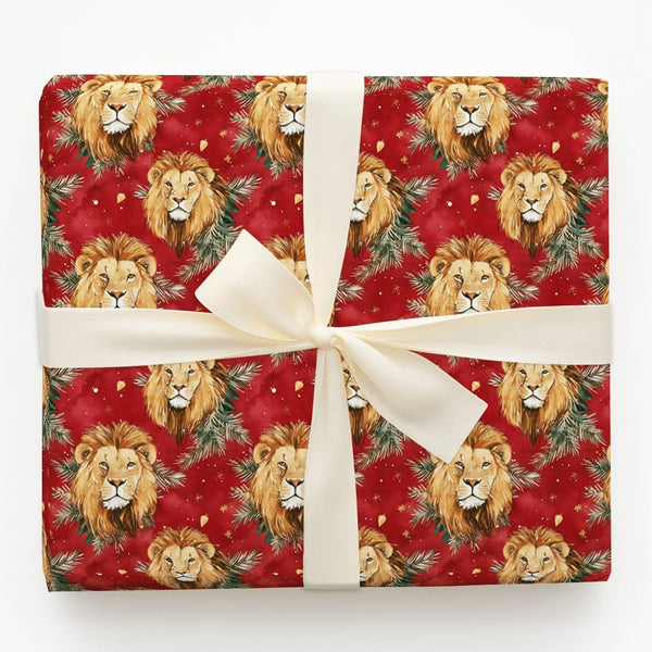 Festive Wildlife Lion Gift Wrap, Christmas Lion Wrapping Paper, Watercolor Animal Holiday Wrapping Paper, Winter Present Gift