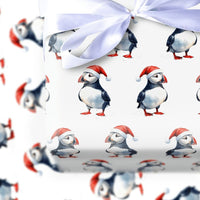 Watercolor Christmas Bird Gift Wrap, Santa Hat Puffin Wrapping Paper, Adorable Holiday Puffin Wrapping Paper, Winter Wildlife Present Wrap Roll