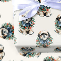 Dog Wreath Holiday Gift Wrap, Shih Tzu Christmas Wrapping Paper, Adorable Shih Tzu Puppy Wrapping Paper, Dog Lover Xmas Gift Wrap Roll