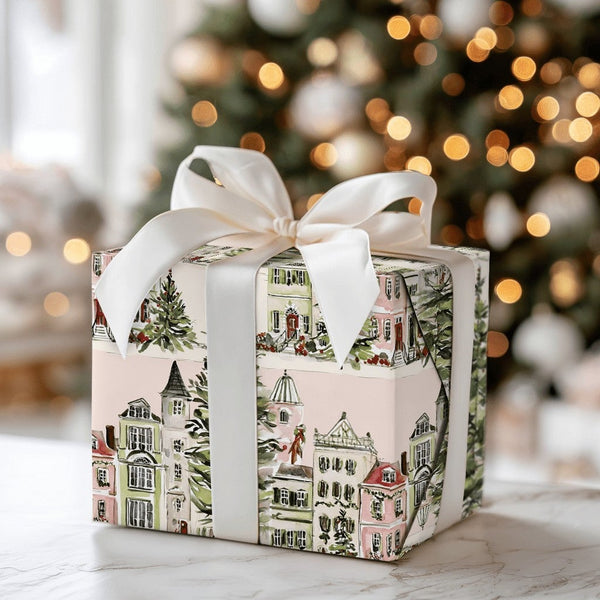Snowy Houses Gift Wrap, Watercolor Pink Christmas Village Wrapping Paper, Pastel Holiday Wrapping Paper Roll, Adorable Winter