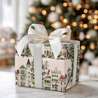 Snowy Houses Gift Wrap, Watercolor Pink Christmas Village Wrapping Paper, Pastel Holiday Wrapping Paper Roll, Adorable Winter Present Wrap