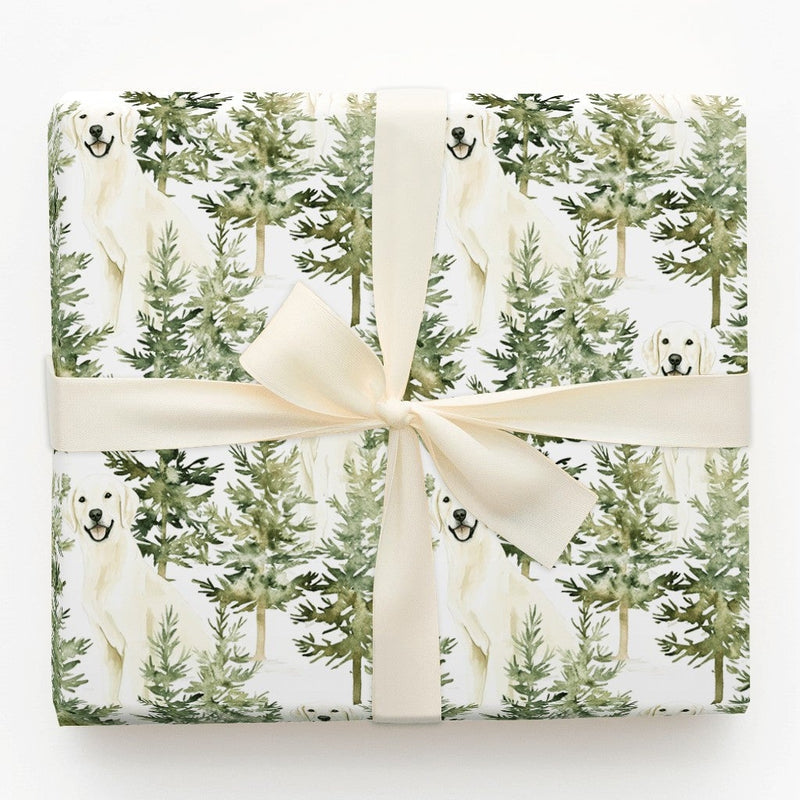 Watercolor Pine Forest Gift Wrap, Golden Retriever Wrapping Paper, Christmas Dog Wrapping Paper, Winter Holiday Gift Wrap, Dog Lover Present