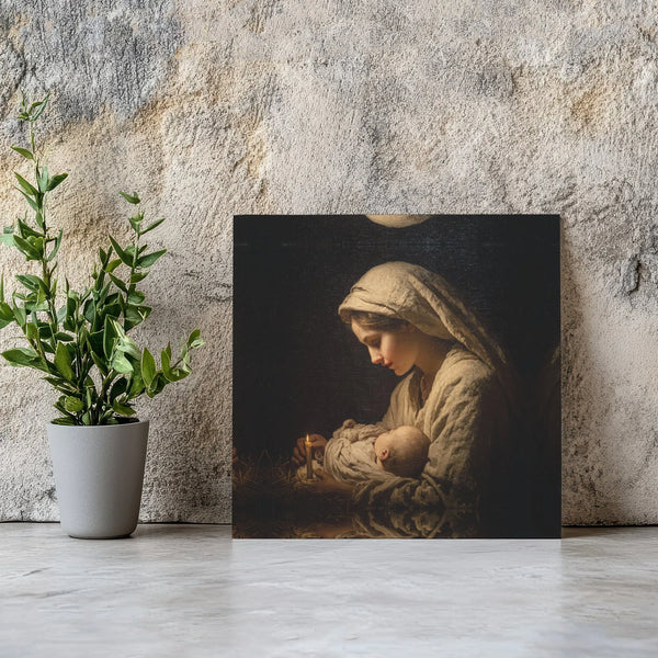Renaissance Nativity Square Canvas Print, Virgin Mary and Baby Jesus Canvas Wall Art, Christian Christmas Canvas, Religious F