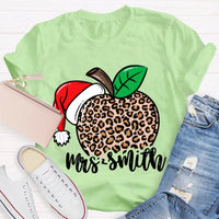 Custom Name Christmas T-Shirt, Personalized Leopard Santa Hat Shirt, Festive Holiday Graphic Tee, Comfy Xmas Present for Her, Adorable Top