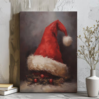 Impressionist Oil Painting Canvas, Santa Hat Canvas Wall Art, Vintage Christmas Canvas Print, Holiday Wall Art Decor, Winter Xmas Canvas