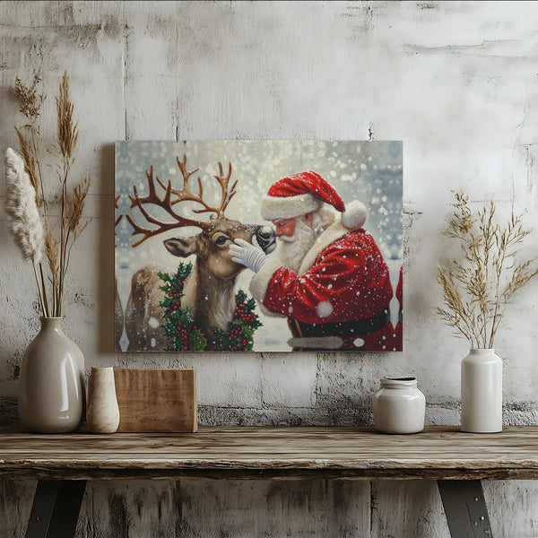 Snowy Christmas Canvas Wall Art, Santa and Reindeer Canvas Print, Holiday Season Canvas Decor, Festive Winter Wall Art, Xmas 