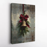 Holiday Bell Art Print, Vintage Christmas Bell Canvas Wall Art, Red Bow Pine Branch Painting, Xmas Holiday Wall Art, Digital Download