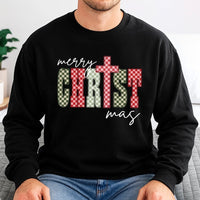 Checkered Holiday Cross Graphic Sweater, Merry Christmas Cross Sweatshirt, Christian Faith Christmas Crewneck, Religious Xmas Pullover