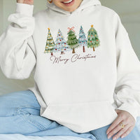 Merry Christmas Tree Hooded Sweatshirt, Watercolor Christmas Tree Hoodie, Festive Pine Forest Pullover Hoodie, Comfy Winter Holiday Present