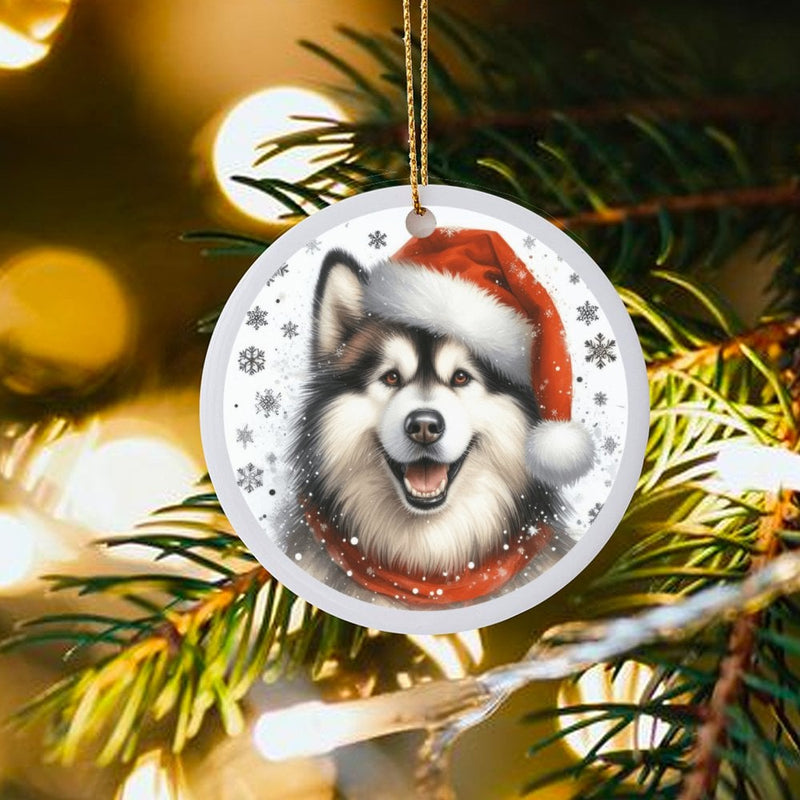 Santa Hat Malamute Dog Ornament, Alaskan Malamute Christmas Ornament, Ceramic Pet Holiday Ornament, Winter Dog Lover Keepsake Present